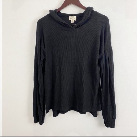 Project Social T Black Ribbed Balloon Dolman Sleeves Thin Knit Hoodie Top S New - Picture 6 of 8